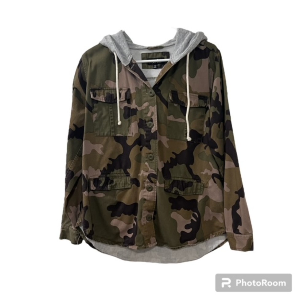 Rue 21 Green Camouflage Drawstring Button Hooded Shirt Jacket Shacket Sz LG